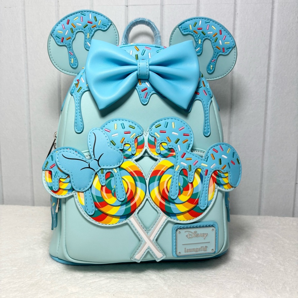 Loungefly Disney Minnie Mouse Lollipop Blue Sprinkle Ears ‎ Backpack - New